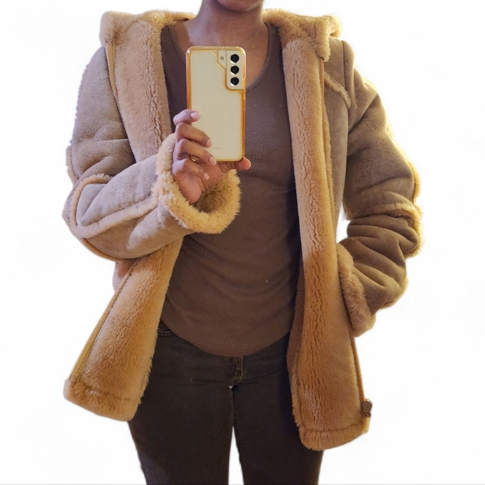 Tan Shearling Hooded Jacket